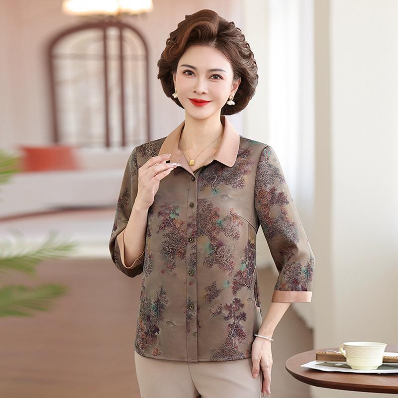 Spring & Summer Seven-Sleeve Imitation Silk Shirt for Middle-Aged & Elderly Women