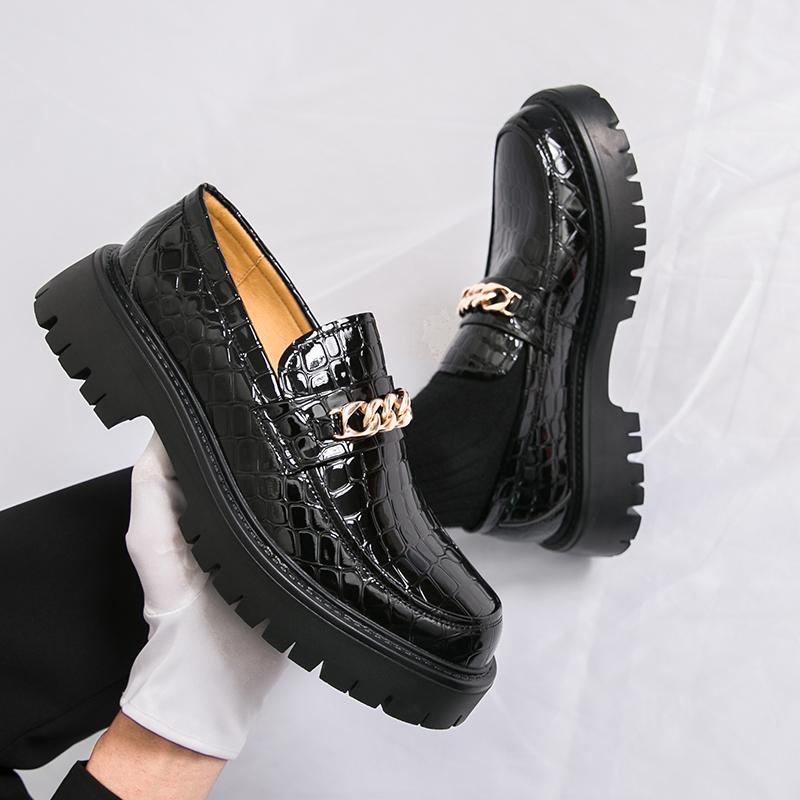 Fashion High Quality Men's Personalized Black Glossy High Head Leather Shoes Oxford Shoes Fashion Brand Comfortable Thick Soled Loafers