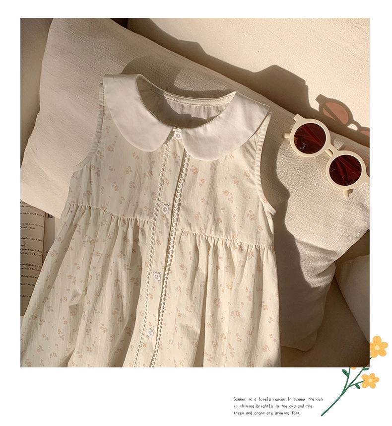 Korean Style Girls' Floral Dress - Summer 2026 Cotton Lace Sleeveless with Doll Collar