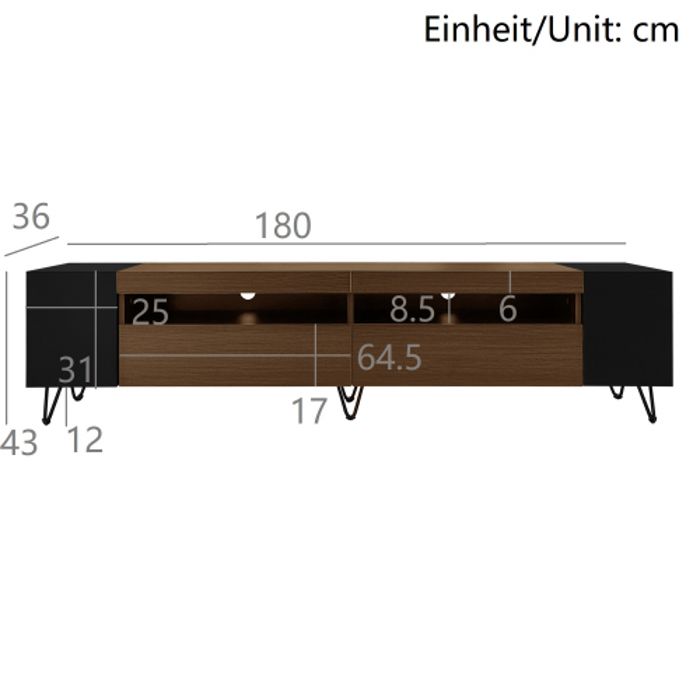 Meuble TV bas 180 cm longueur, aspect noir et bois-style moderne -L180 x P36 x H43 cm