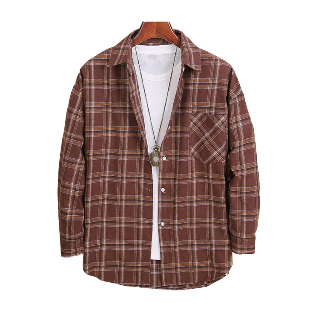 Herre Vår Høst Skjorte Nedslått Krage Enkeltspent Rutete Trykk Langermet Løs Passform Japansk Stil Cardigan Formell Business