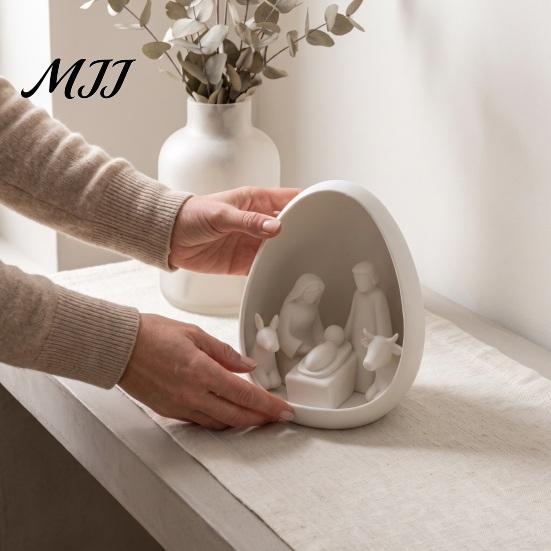 Minimalist Religious Decor Mini Nativity Scene Figurine, Christmas with Holy Family in Egg, Unique Souvenirs 3D Printed Tabletop Ornament for