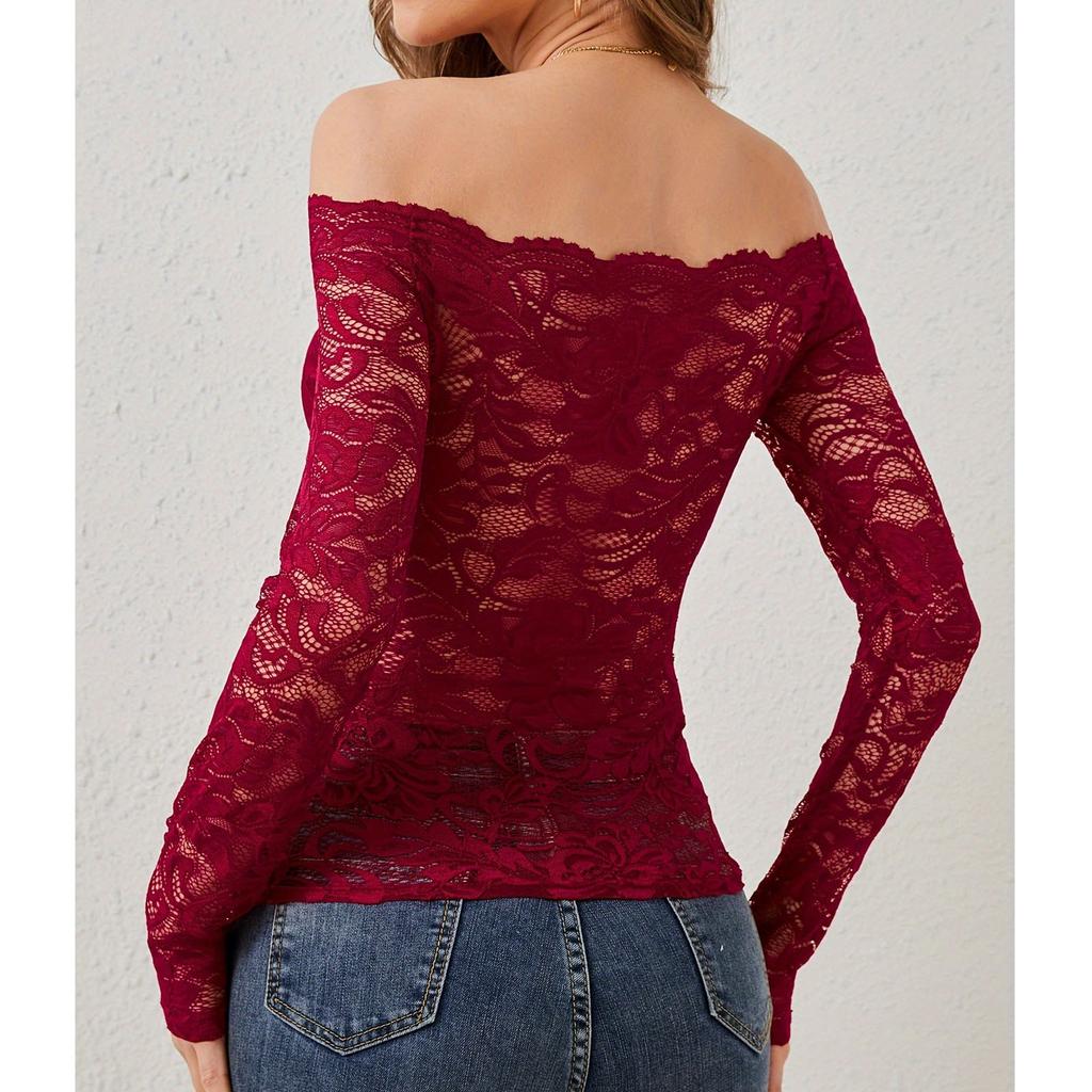 Women's Casual Fan-Shaped Collar With A Straight Neckline And Off Shoulder Lace T-Shirt, Long Sleeved Top