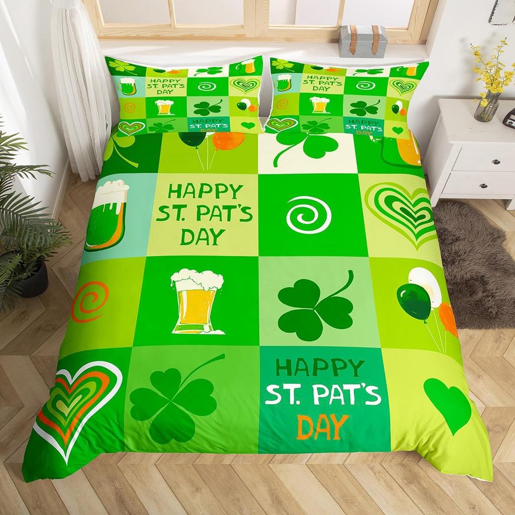 Kids Happy St. Patrick'S Day Duvet Cover Twin Queen Green Clover Comforter Cover With 2 Pillowcases, Colorful Plank Bedding Set