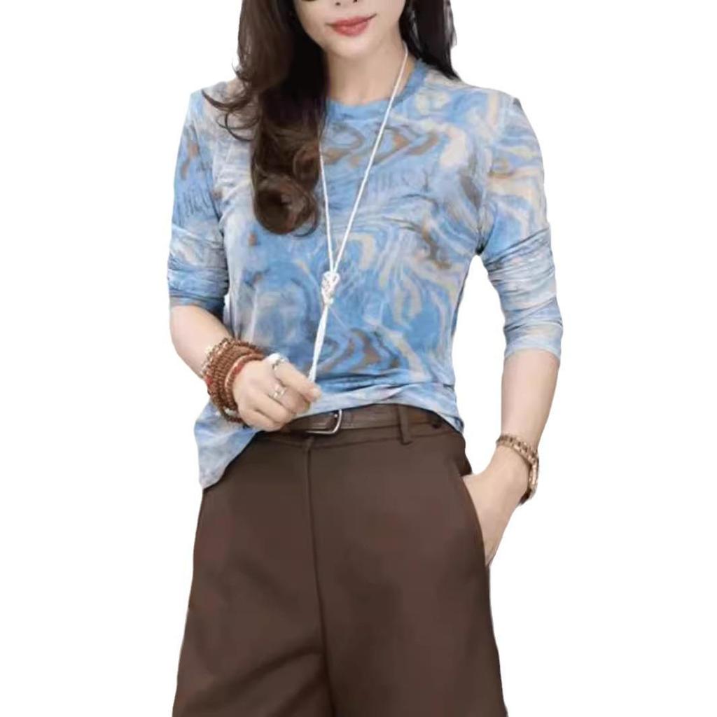 Women's 2025 Retro Print Mesh Long Sleeve T-Shirt – Stylish, Versatile Inner Layer Fashion Top