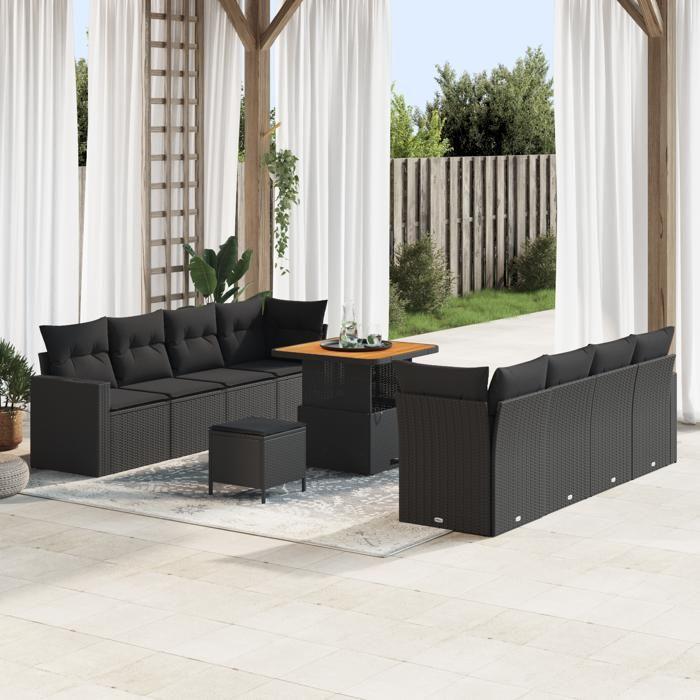 Ensemble de canapé de jardin de 11 pièces avec coussins en poly rotin noir et acacia, Ensemble de salle à manger de jardin 3363534