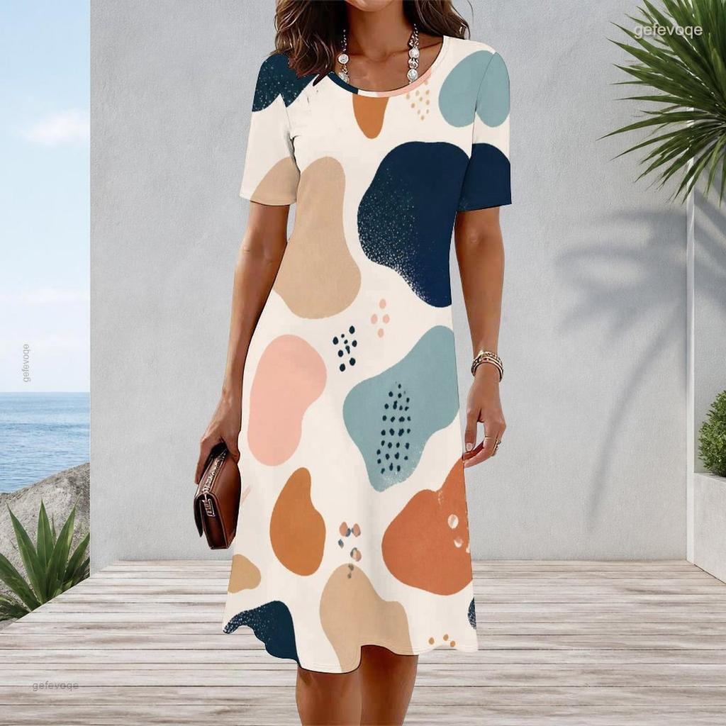 Women Plus Size Round Neck Short Sleeve Printed A Line Midi Dress