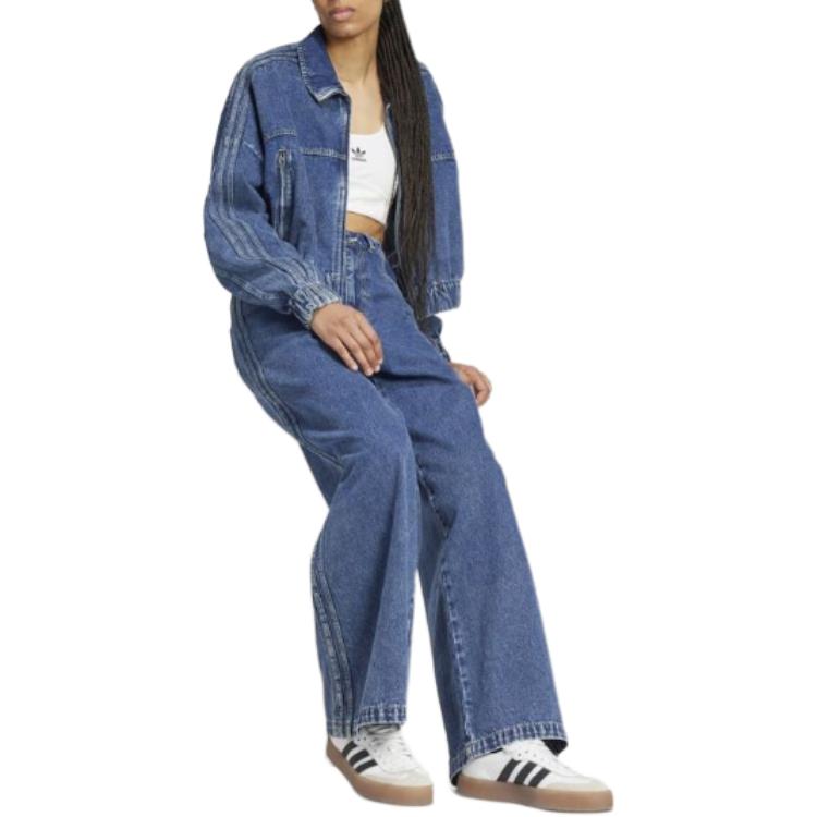 Adidas Originals Premium Essentials Logo Embroidered High-Waisted Zipper Closure Wide-Leg Jeans Women jeans Blue IW5760