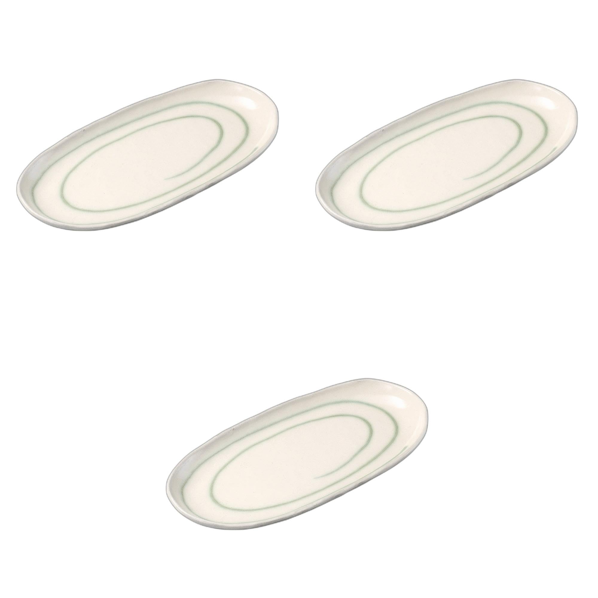 

Set of 3 Oval Pottery Plates x 13 x Pottery Setomonohonpo Green-Lined Powder-Glazed [25.9 2.2 cm] Plates, Ceramic,