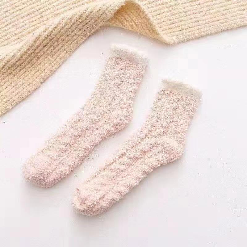 Women's Autumn and Winter Striped Coral Fleece Sleep Socks Thickened Warm Mid-Calf Home Socks Simple Floor Socks