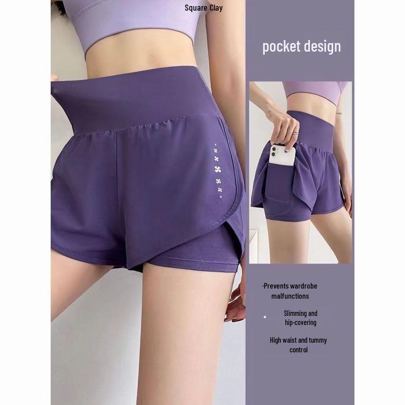 Women's High Waist Double Layer Sports Shorts with Pockets for Running & Yoga