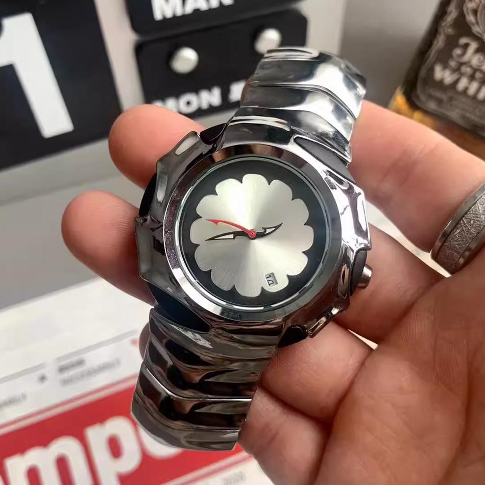 Unique Irregular Case Men's Quartz Watch Flower Dial Design Alloy Strap Wristwatch Y2K Futuristic Alien Case Black Watch