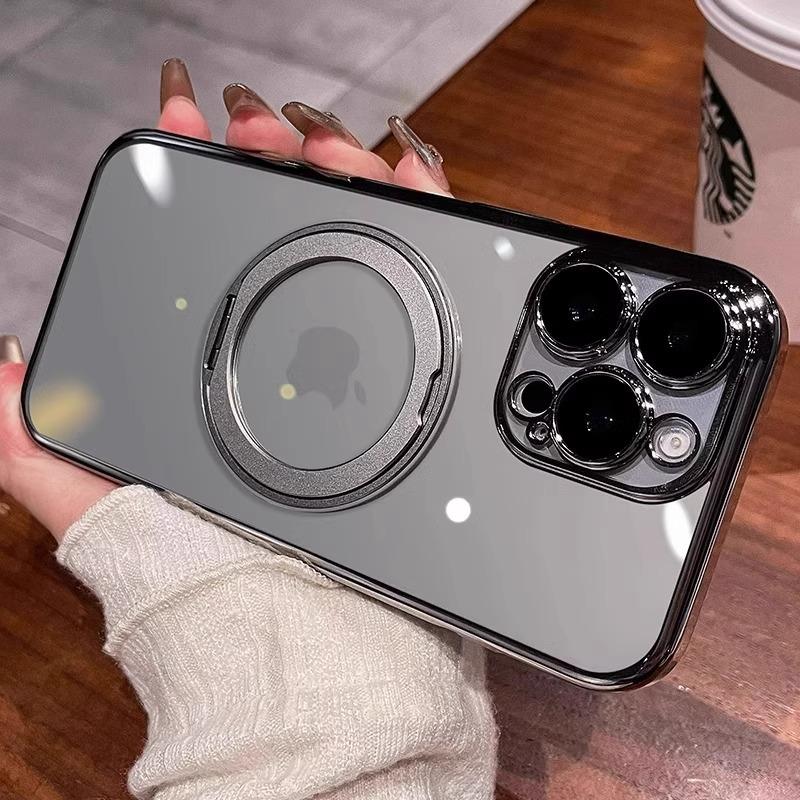 Applicable to iPhone17 super magnetic mobile phone case Apple 16 proma electroplating rotating bracket high transparency protective case