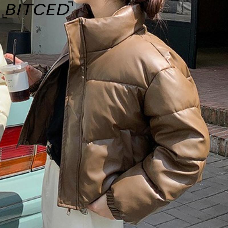 

BITCED Autumn/Winter Cotton-Lined Leather Jacket for Women Stand-Up Collar Short-Length Warm Padded Coat XL темно-коричневого