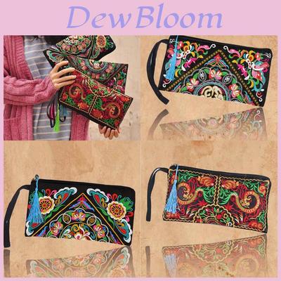 Ethnic Embroidered Long Wallet With Tassel Polyester Fabric Retro Style