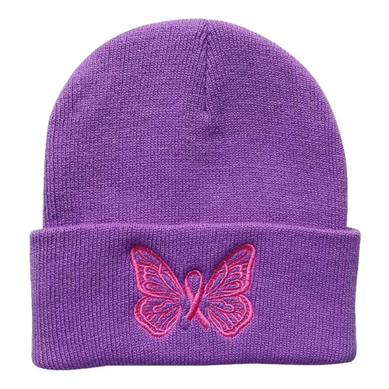 Multiple Color Teens Beanie Hat Elastic Windproof Embroidery Butterfly Hat Ear Protector Hat Winter Cycling Skiing Hat фиолетовый