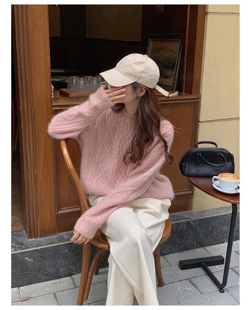 Women's Gentle Style Cashmere Round Neck Cardigan - Autumn Winter Twist Flower Knit Sweater