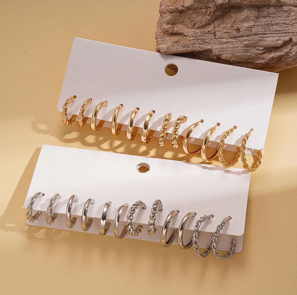 Twelve-piece geometric round twisted silver needle stud earrings fashionable commuter earrings