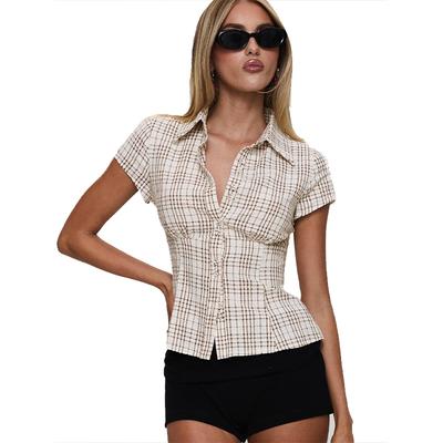 Doppelknopf Damen Sexy Shirt Kariertes Muster Blusen Kurzarm Slim Top Lässig Pendeln Mode Büro Dame Sommer 2025
