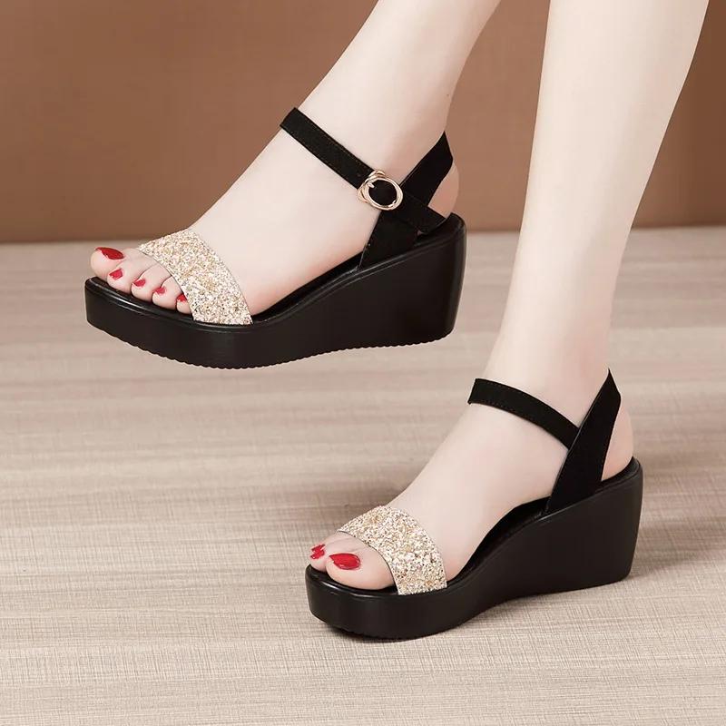 6cm Small Size 32-43 Bling Silver Black High Heels Shoes Summer Platform Sandals 2025 Women's Wedges Sandals for Office Beach
