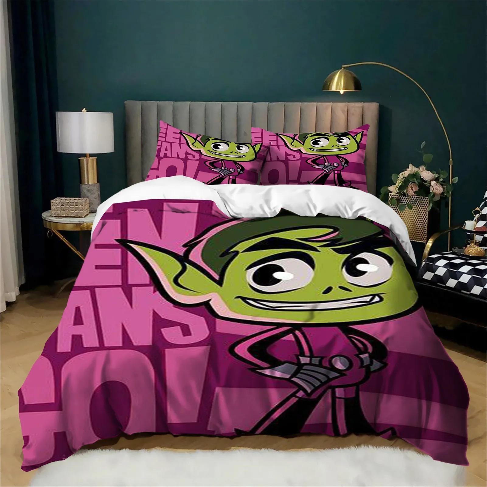 Housse de couette dessin animé 3D Teen Titans Go Ensemble de literie Décoration de chambre à coucher Ensemble 2/3 pièces Cadeau pour adolescent Enfants Fille Garçons Textile de maison 100x135cm (2pcs) white