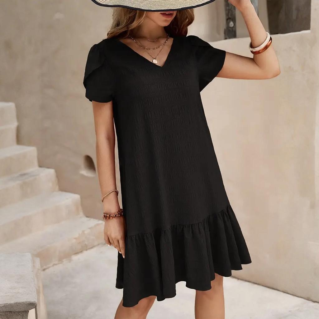Fashionable Women's V-neck Color Loose Dress Casual Short Sleeved Dress