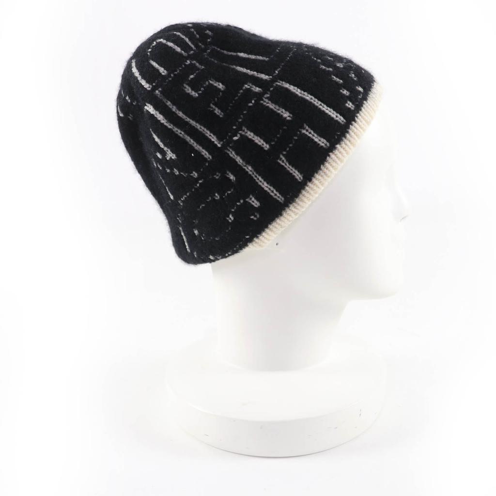 Great CHANEL Knit cap Silk blend all-over logo design beanie Black cashmere 21K Used