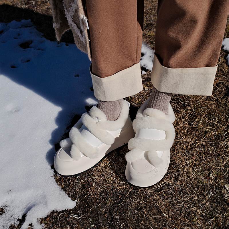 Cow Split Leather Keep Warm Winter White Sneakers Platform Women Artificial Wool Casual Shoes