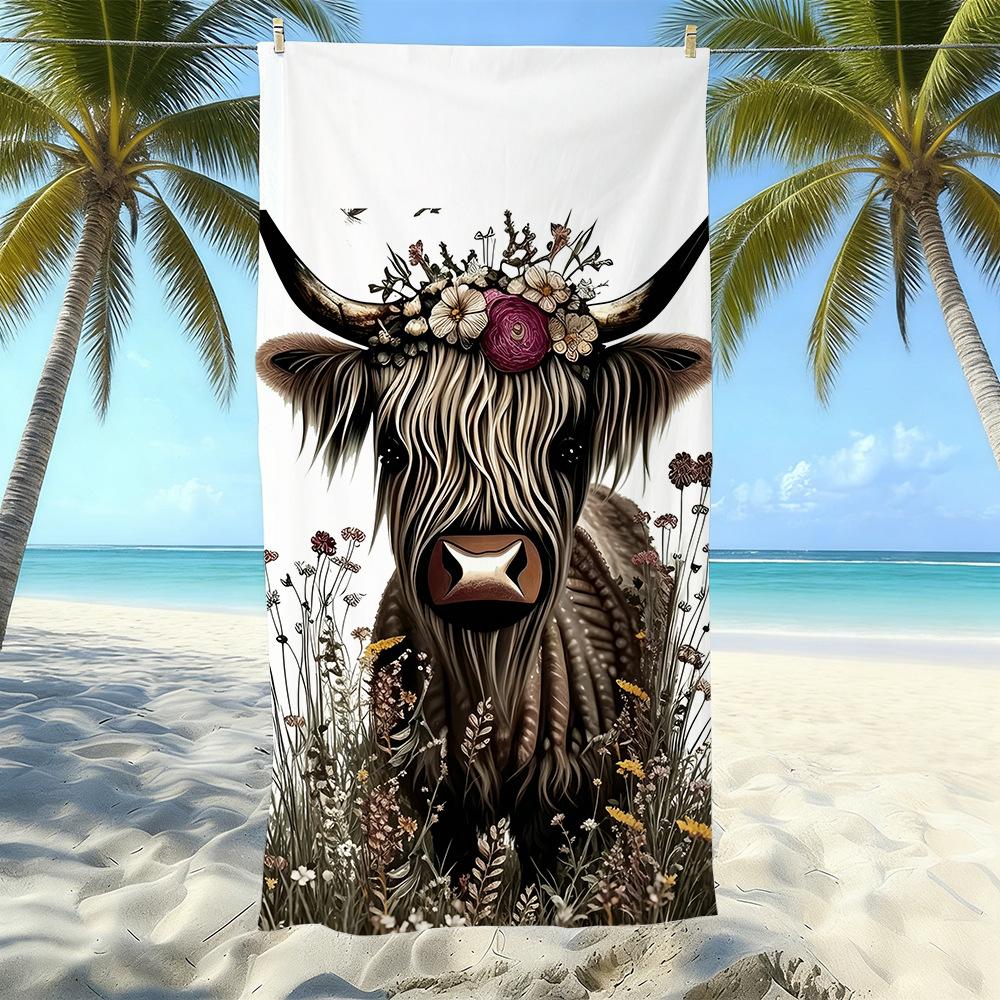 Europäisches und Amerikanisches Retro Hochlandrind Druck Strandtuch Mikrofaser Verdickt Wasseraufnahme Schnelltrocknend Outdoor Badetuch