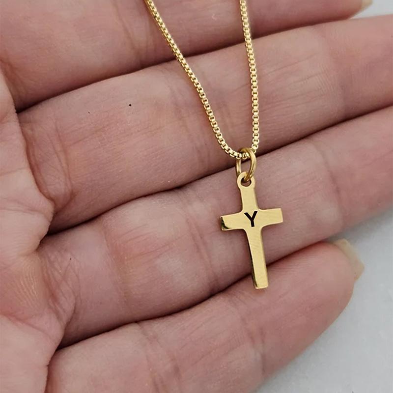 Engraved 26 Initial Letter Cross Pendant Necklace For Boys Girls Gold Plated Stainless Steel Children Jewelry