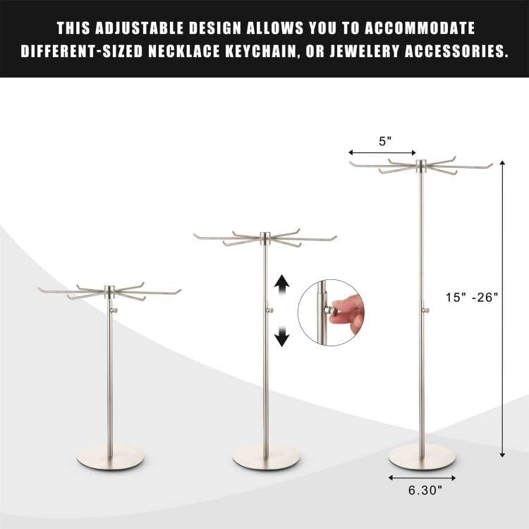 Rotating Keychain Display Stand - Height-adjustable Brushed Silver Metal Jewelry Organizer - Long Necklace Display Stand with 6 Hook -