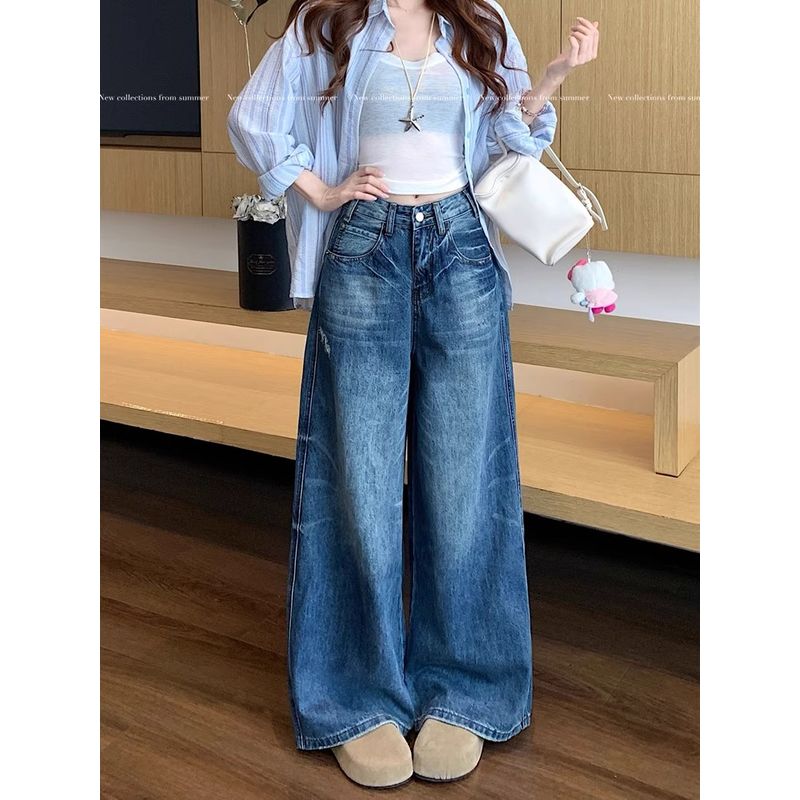 Kumikumi American Retro Washed Blue Wide Leg Denim Women Fall Loose Slimming Straight Pants Mop Pants