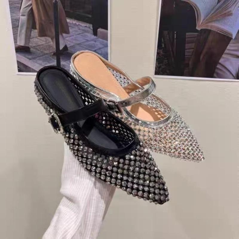 Mode Kristall Damen Hausschuhe Hohle Pantoletten Schuhe Frau Spitz Zehen Flache Sandalen 2025 Trend Flache Mary Janes Schuhe Kleid Mesh Pantoletten