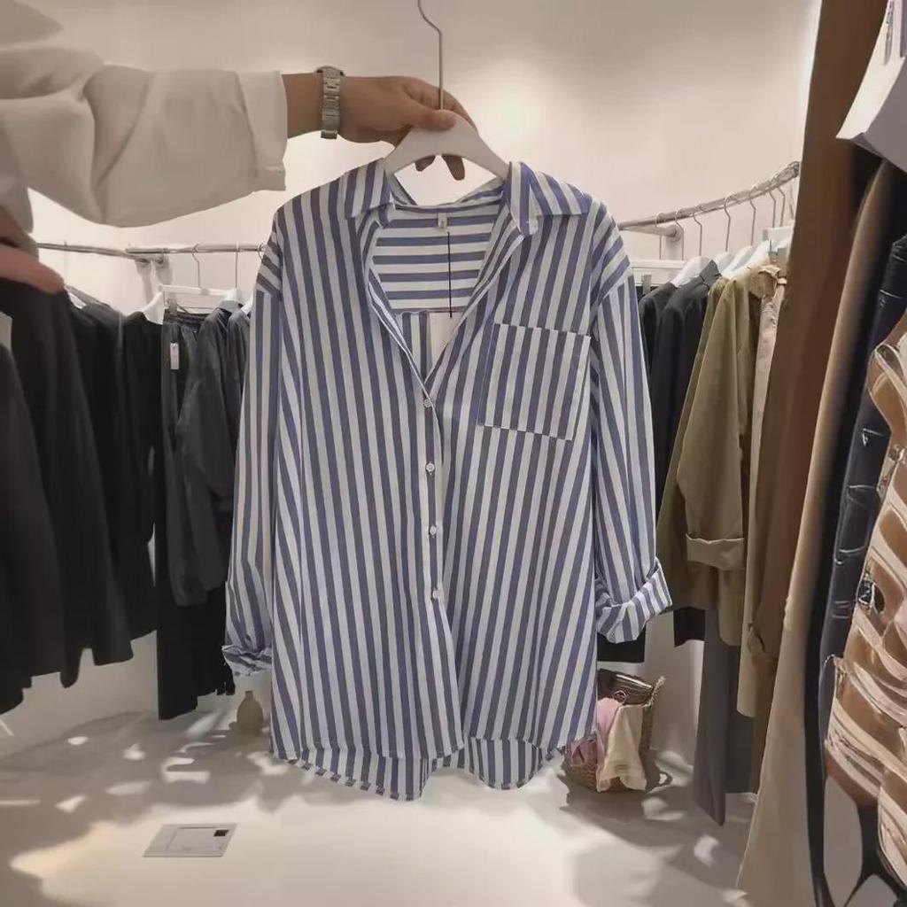 2025 Dongdaemun Women's Vertical Striped Long-Sleeve Shirt - Spring/Autumn Trendy Versatile Jacket Top