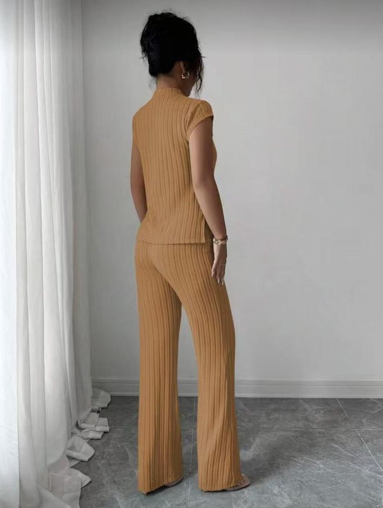 2026 New Style Women's Solid Color Short Sleeve Top & Ribbed Casual Pants Set