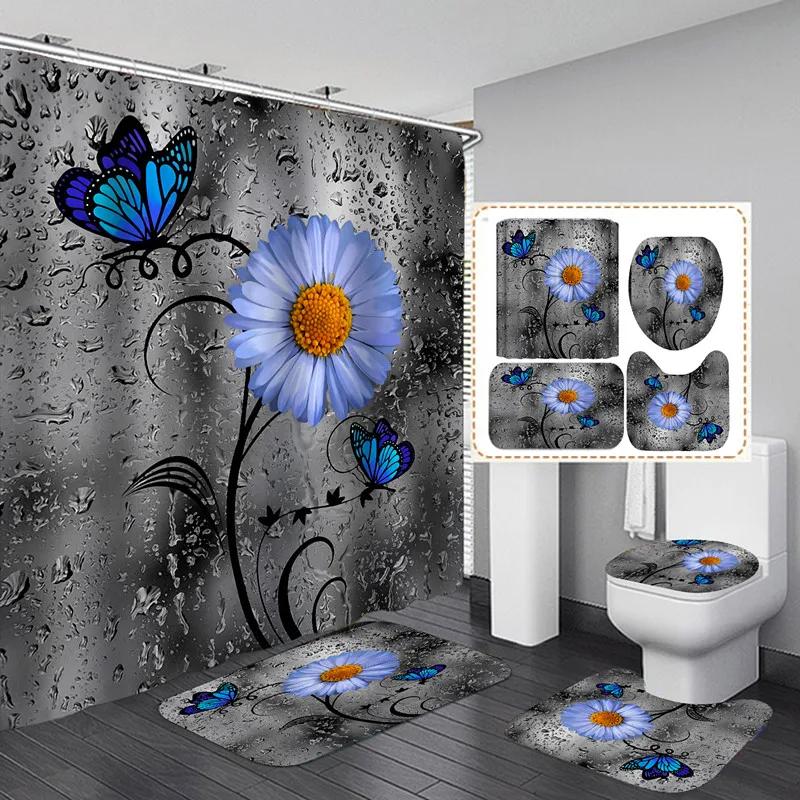 Modern Style Flower Durable Waterproof Shower Curtain Set Toilet Seat Cover Bath Nonslip Mat Rug Carpet Bathroom Decor Washable
