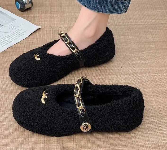Fashion Luxury Sheep Fur Lined Loafers Women Lambswool Shoes Ladies Winter Slip On Furry Flats Cotton Wool Mocasine Femme Barefoot Boots