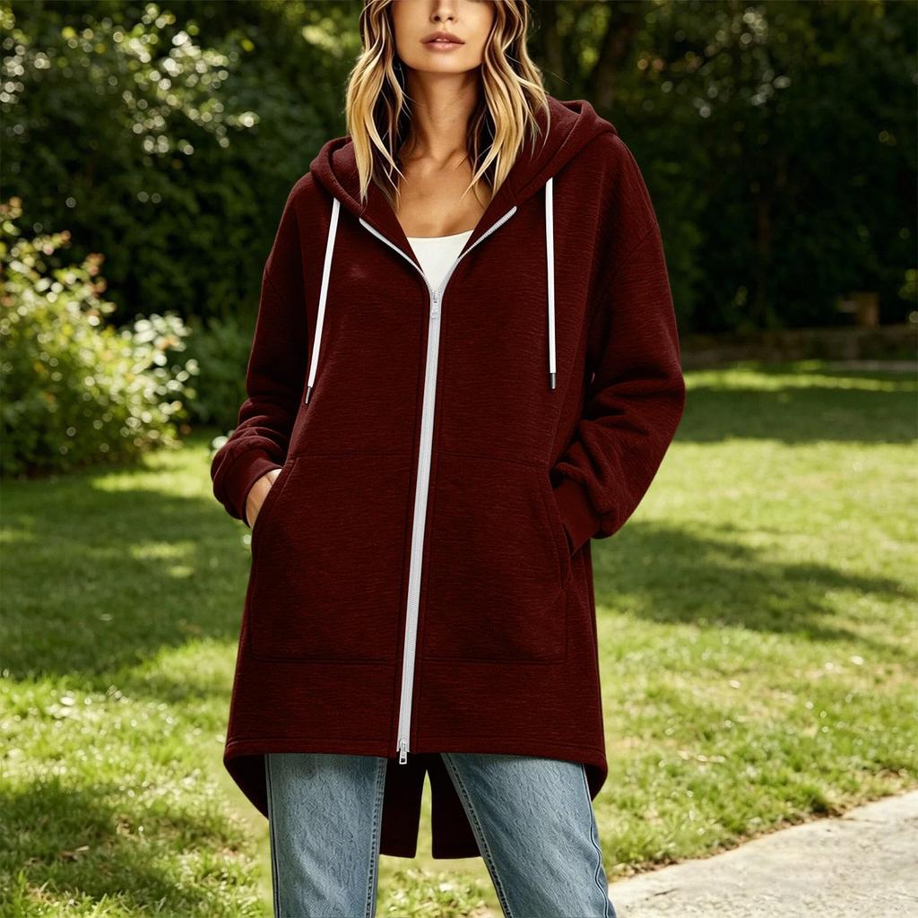 Women's Long Zip Up Hoodie Jacket Loose Fit Casual Outerwear with Pockets Lightweight Hooded Coat for Everyday Wear