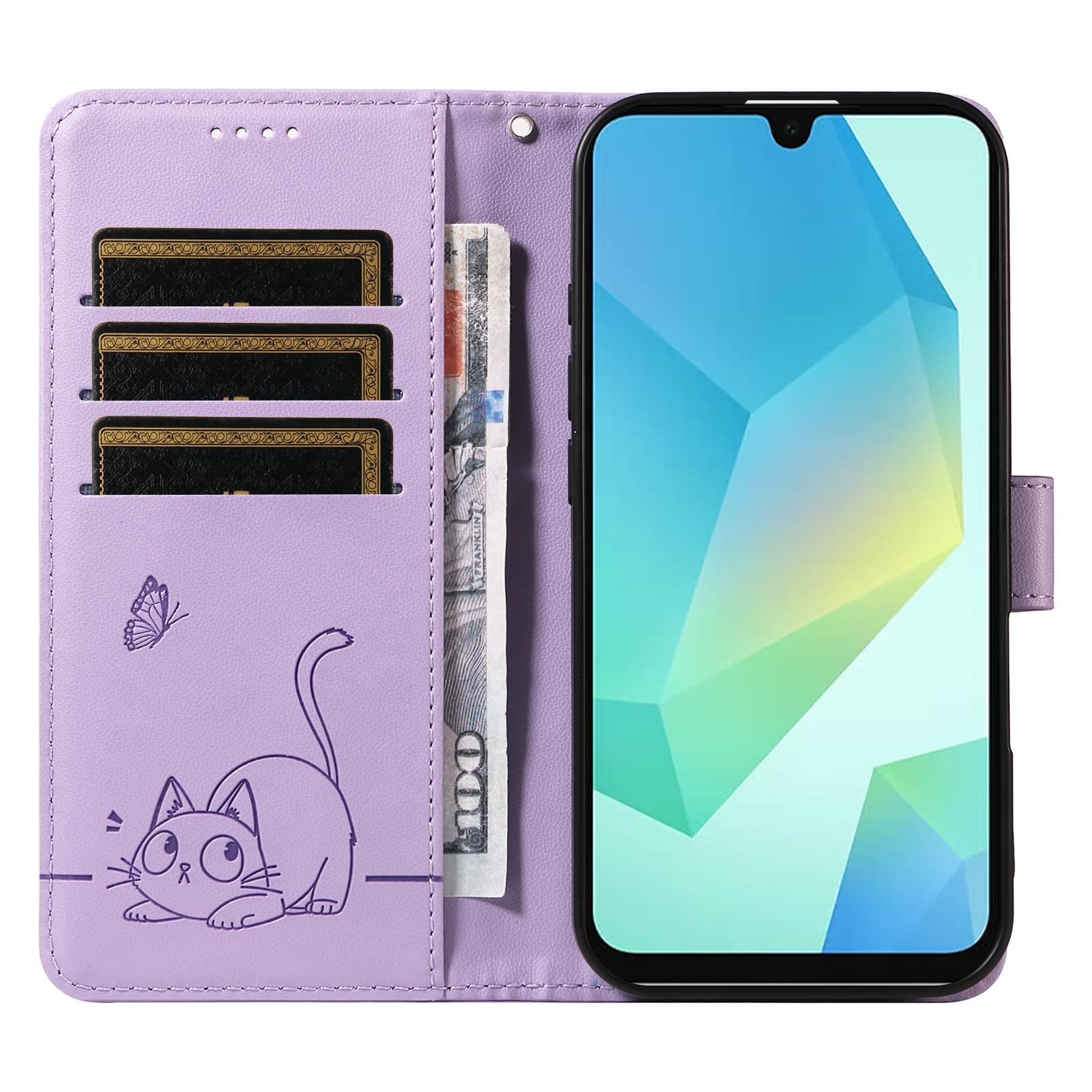 

Чохол-гаманець зі шкіри з принтом котячого візерунка та ремінцем на зап ястя для Samsung Galaxy A26 5G/A16 5G/A16 4G Blue