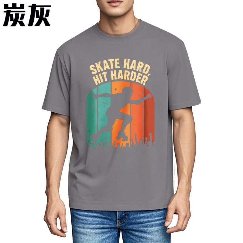 Solid Color Male Short Sleeve T Shirt Unisex Skate Hard Hit Harder Roller Skater Silhouette Crowd Background Classic Unisex