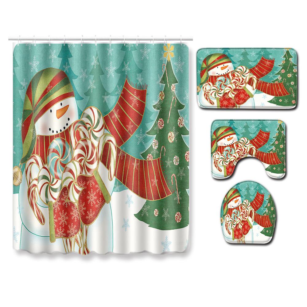 Christmas Shower Curtain Floor Mat Combination Four-Piece Set Bathroom Toilet Carpet Shower Room Mat Foot Mat