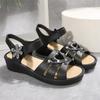 Fashion 2025 Summer Casual Breathable Leather Wedges Flower Water Diamond Middle Heel Sandalias De Mujer Soft Bottom Non Slip Zapatos