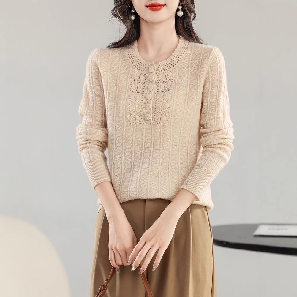 Mengyi Autumn/Winter Women's Wool Sweater: Half-Zip, Round Neck, Hollow Knit, Loose-Fit Versatile Base Layer