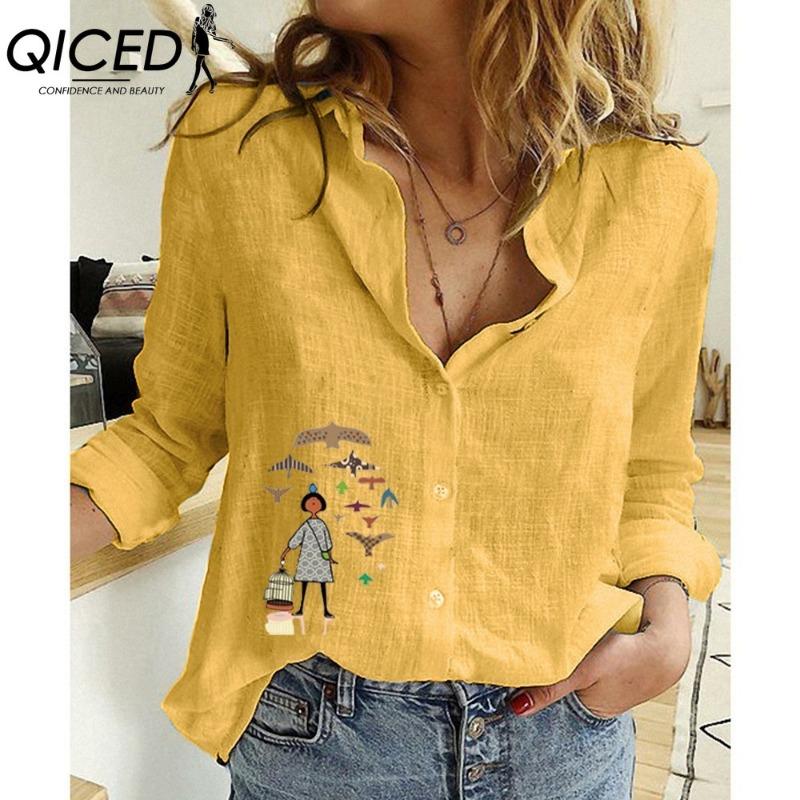 QICED Blusas y Camisas Casuales de Moda para Mujer con Estampado de Peces Pequeños, Manga Larga y Cuello Polo