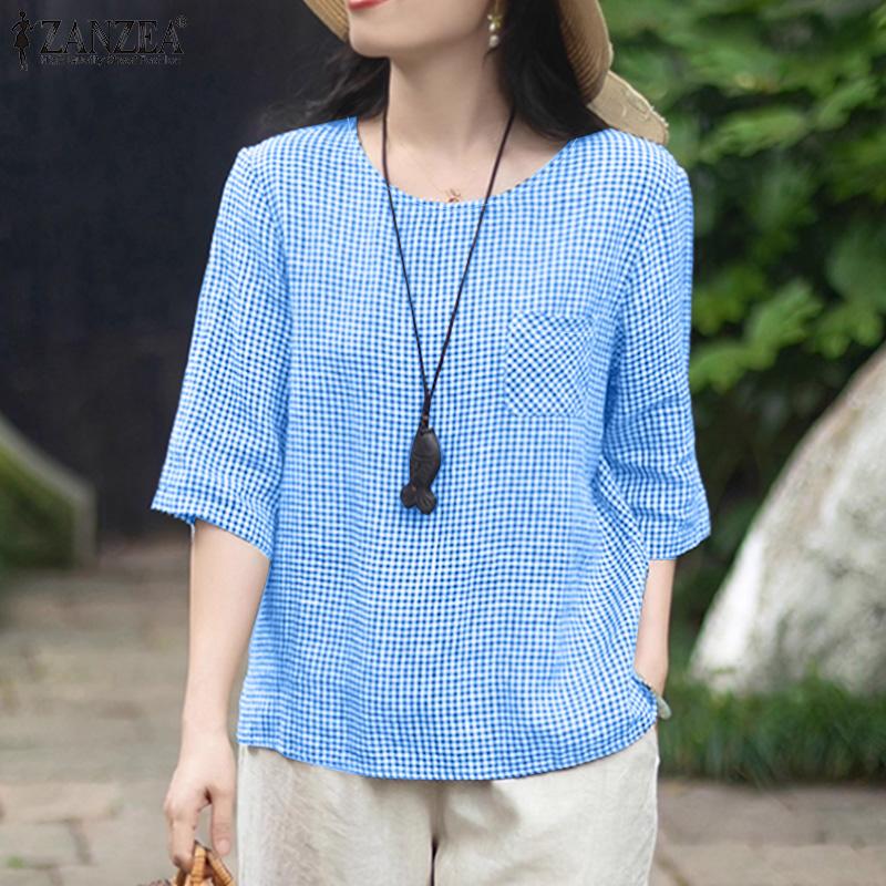 ZANZEA Women Casual Round Neck Plaid Print Loose Half Sleeve Blouse