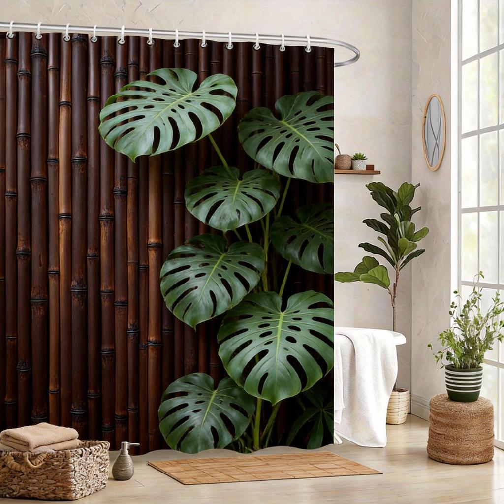 Tenda Doccia Recinzione Naturale 180x180cm – Steli e Foglie Verdi Rustici su Beige, Arredo Bagno Minimalista Zen, 12 Ganci
