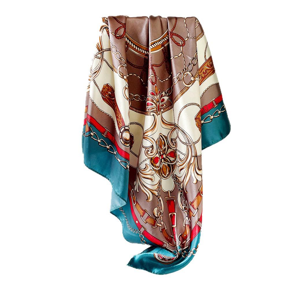 90cm Silk Scarf with Classic Chain Print - European & American Style Cross-border Satin Shawl for Women