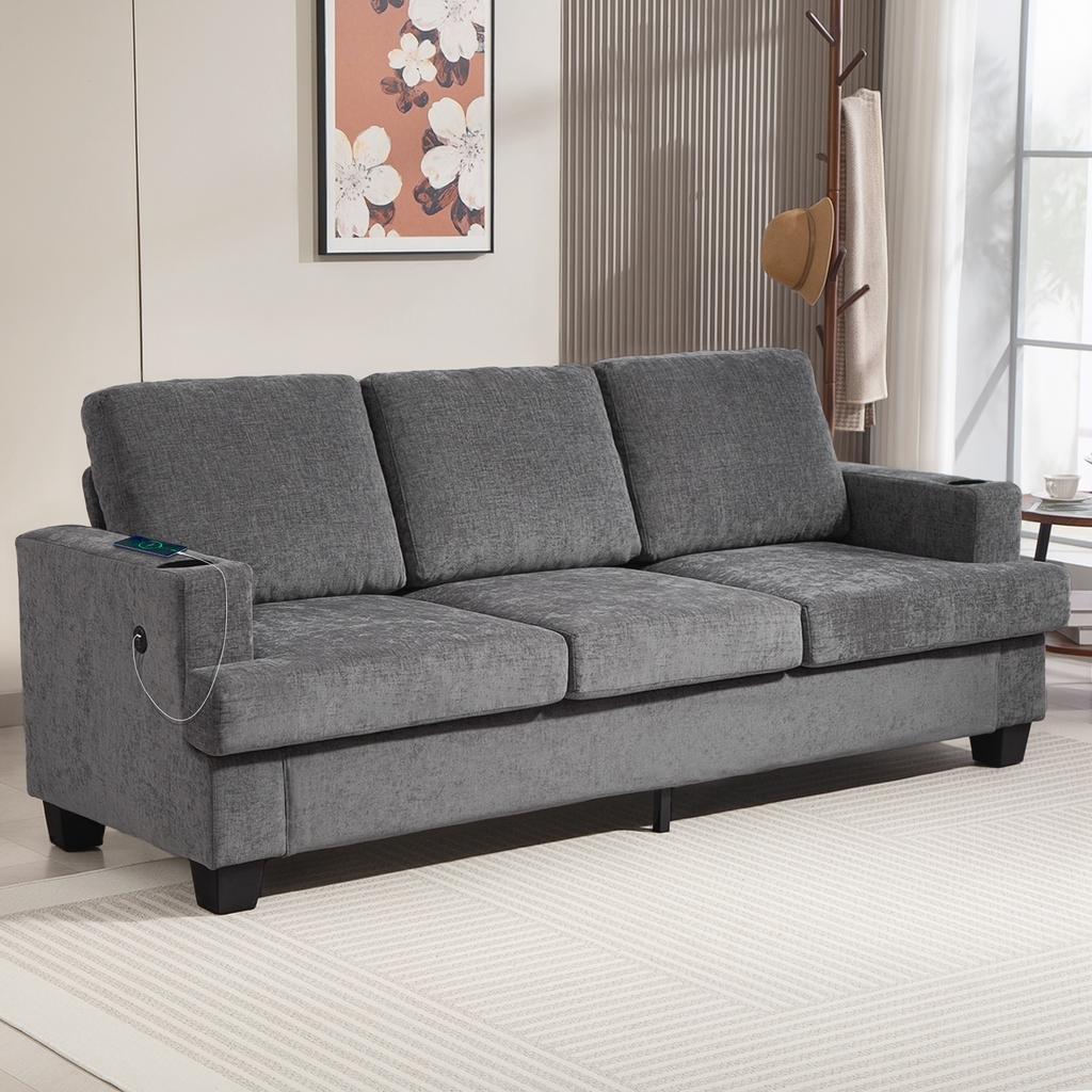 3 Seater Sofa with USB Ports & Cup Holders - Grey