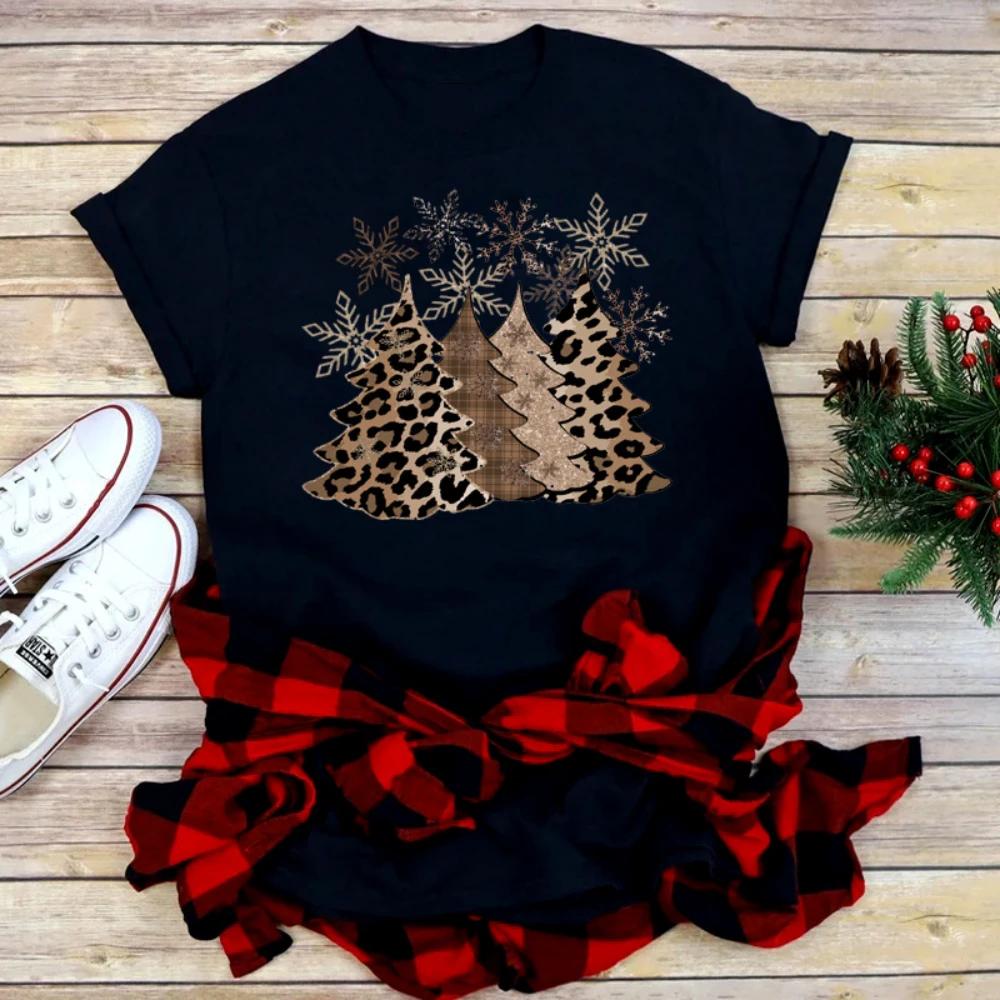 Casual Loose Fit Christmas Tshirt for Women Funny Cartoon Shiny Xmas Tree Print Top Holiday Festival Daily Streetwear Tee
