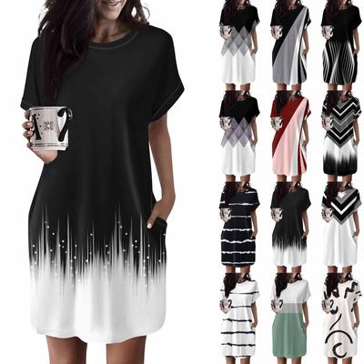 Women‘’s Dress Round Neck Short Sleeve Casual Summer Tunic Dresses Loose Dress With Pocket